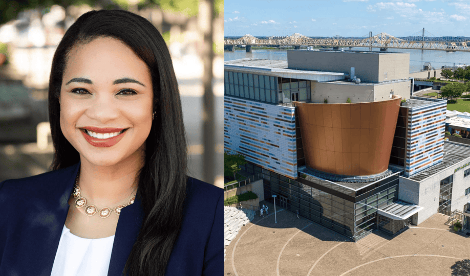 A headshot of a woman next to the Muhammad Ali Center building