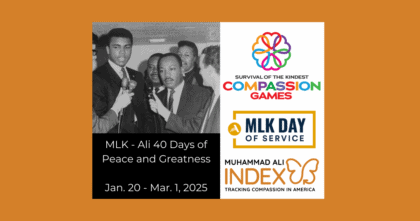 Photo of Muhammad Ali and Dr. Martin Luther King Jr. with text "MLK-Ali 40 Days of Peace and Greatness from Jan. 20-Mar. 1, 2025"