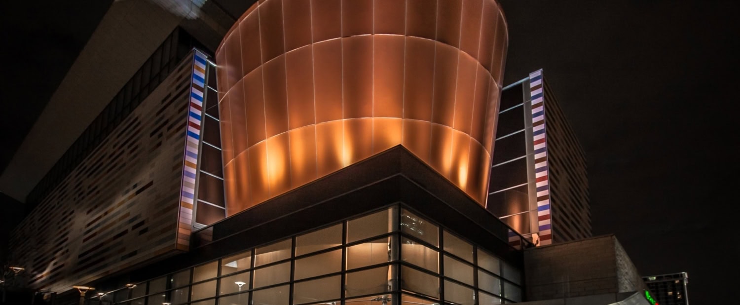 Night exterior shot of the Muhammad Ali Center