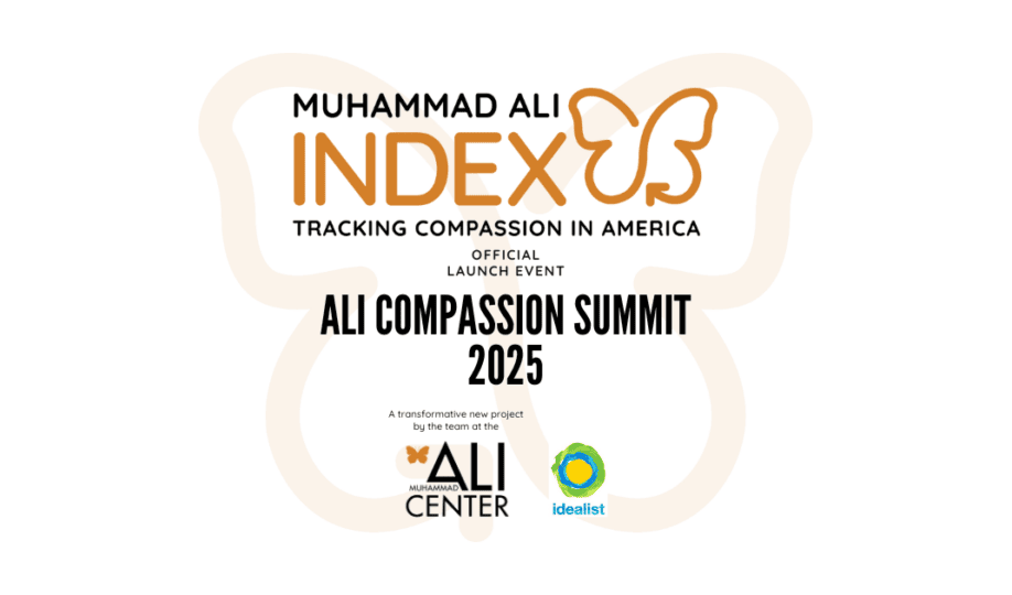 Orange butterfly on white background with Muhammad Ali Index logo and text "Ali Compassion Summit 2025"