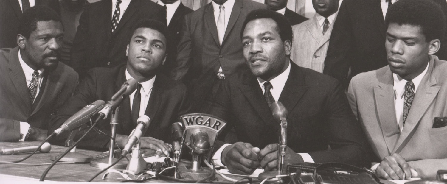 Bill Russell, Muhammad Ali, Jim Brown, Kareem Abdul-Jabbar, and others participate in Cleveland Summit