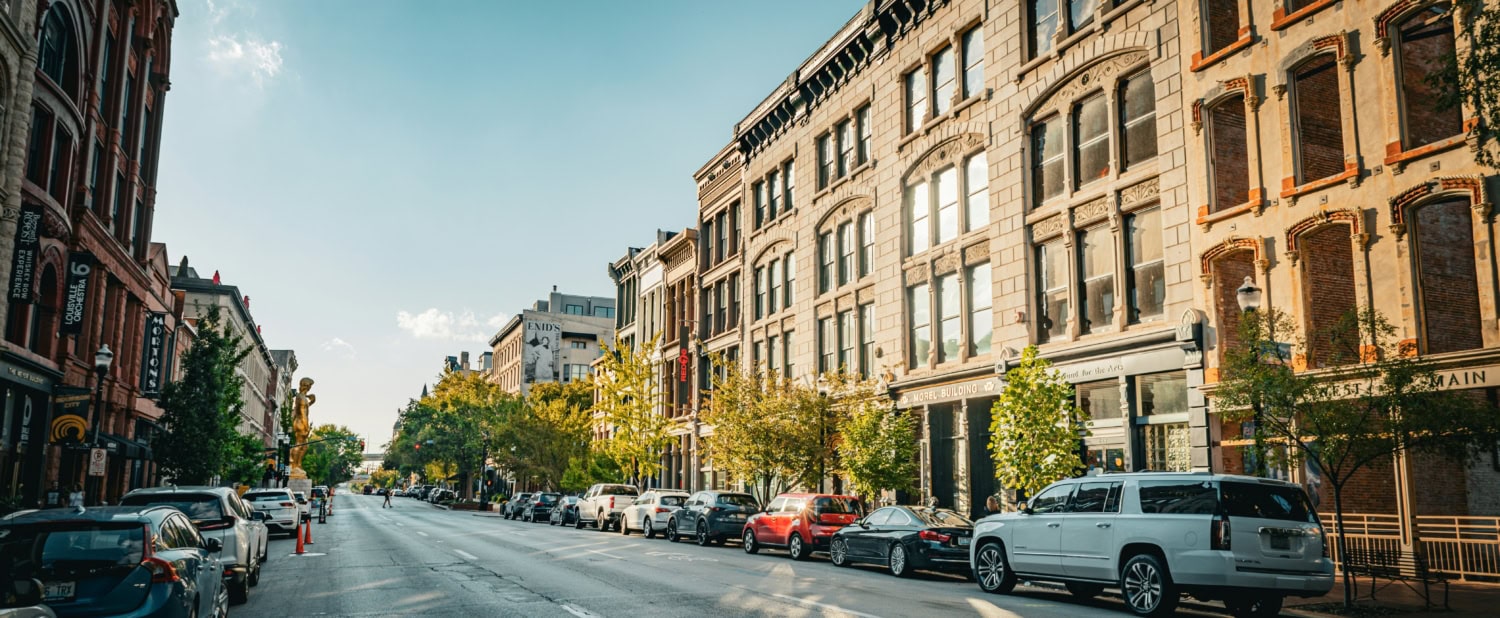 A Louisville street with mid-sized building