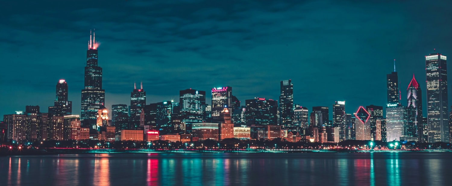 Chicago skyline at night from Lake Michigan